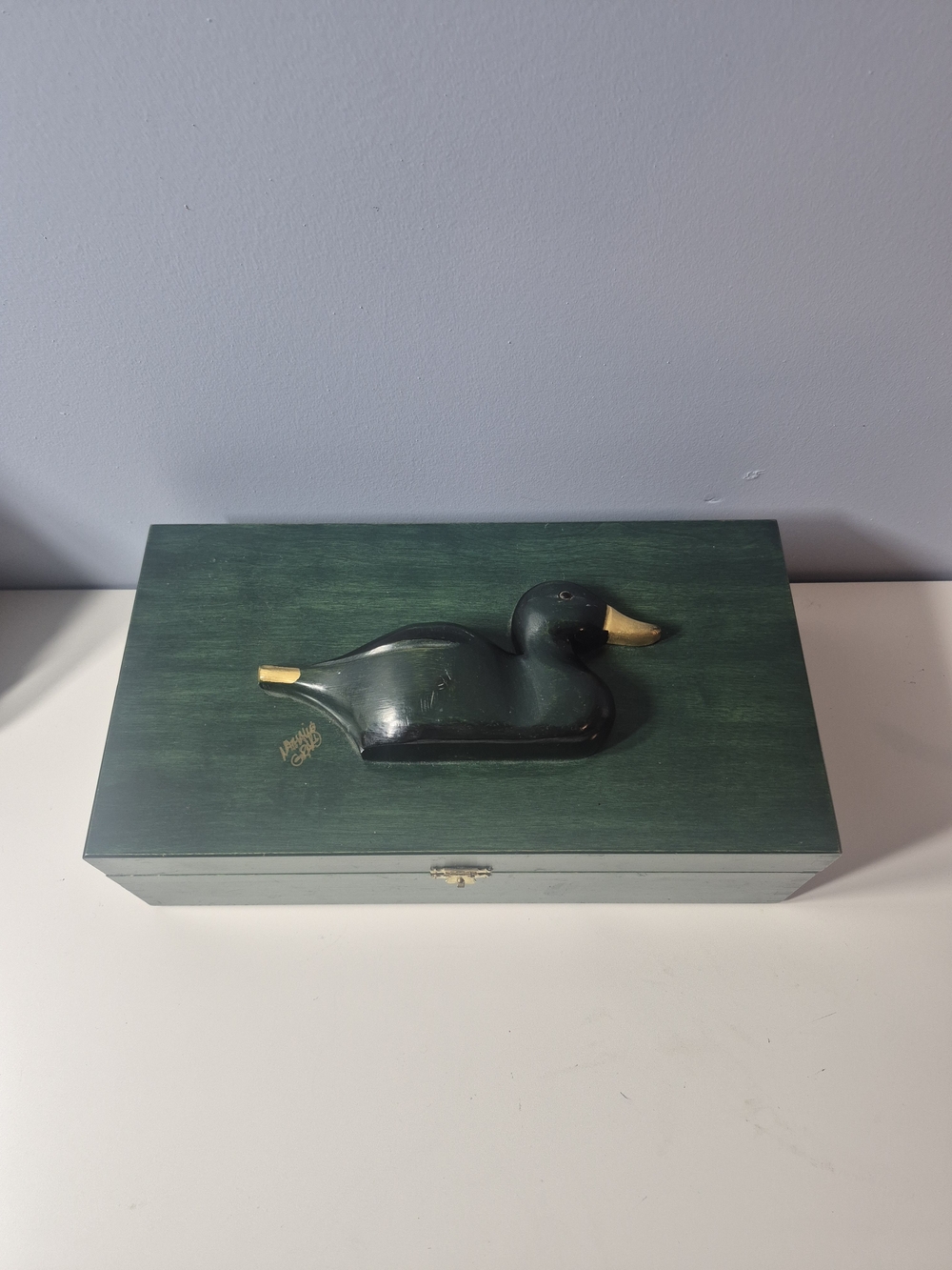 Handcrafted Green Duck Decorative Trinket Box by Nathalie Gerard Quebec 12 Inch